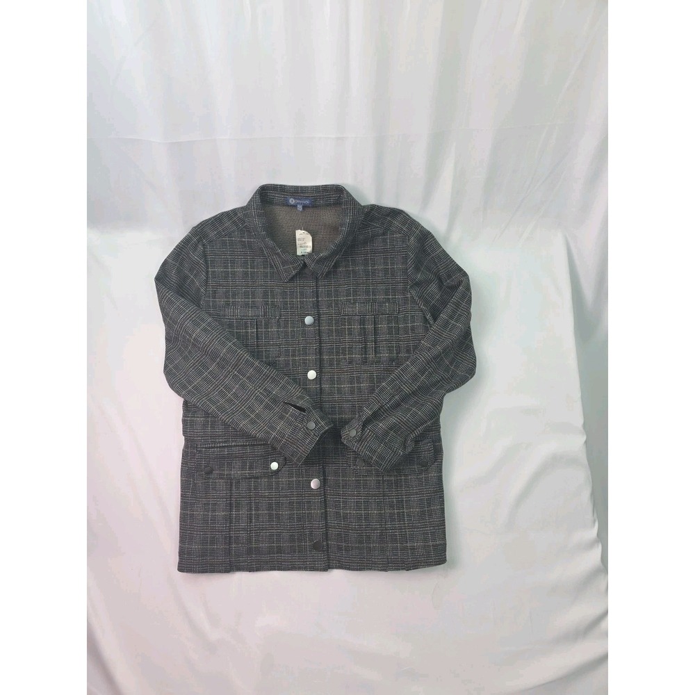 Democracy Womens Plaid Tweed Jacket Overcoat Black & Brown XL Snaps Pockets